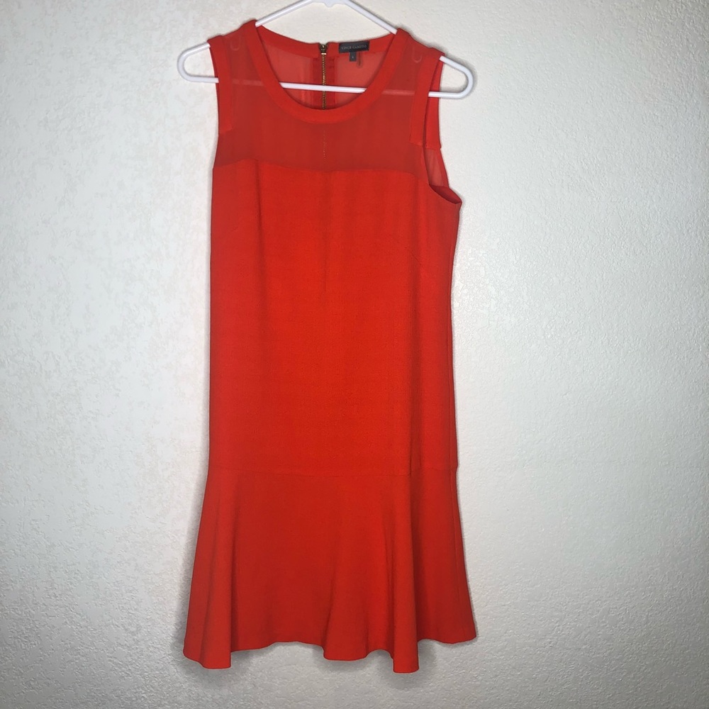 Vince Camuto orange sheer top flare bottom dress